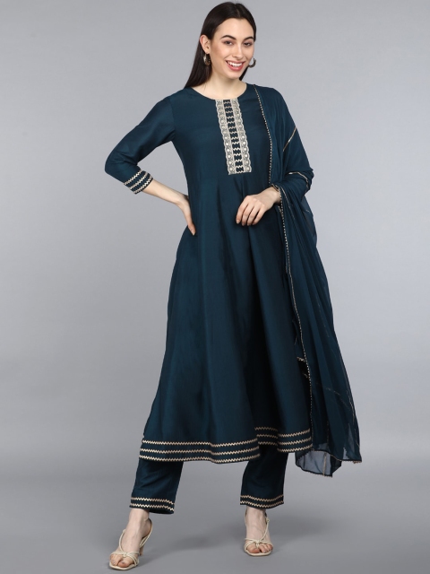 

AHIKA Women Teal Floral Yoke Design Kurta with Trousers & With Dupatta