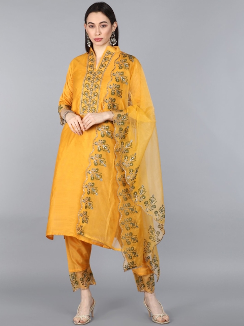 

AHIKA Women Yellow Ethnic Motifs Embroidered Kurta with Trousers & Dupatta