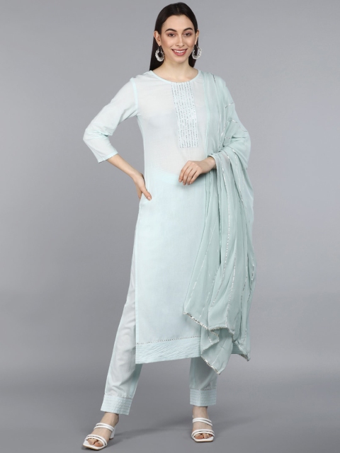 

AHIKA Women Blue Embroidered Sequinned Pure Cotton Kurta with Trousers & With Dupatta