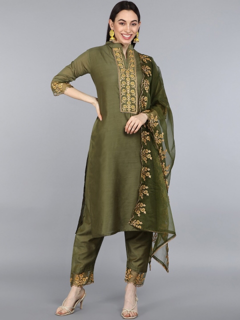 

AHIKA Women Green Ethnic Motifs Embroidered Empire Thread Work Kurta with Trousers & With Dupatta