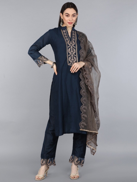 

AHIKA Women Navy Blue Embroidered Kurta with Trousers & Dupatta