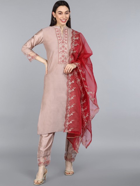

AHIKA Women Beige Floral Yoke Design Kurta with Trousers & With Dupatta