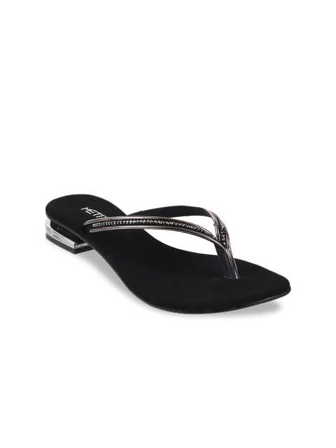 

Metro Women Black & Silver-Toned Embellished T-Strap Flats