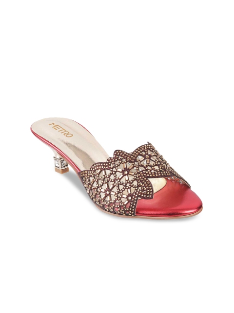 

Metro Women Maroon & Gold-Toned Embellished Kitten Heels