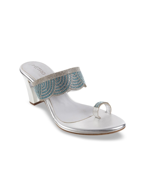 

Metro Women Silver-Toned & Blue Embellished Block Heels