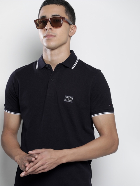 

Tommy Hilfiger Men Navy Blue Polo Collar Indigo Applique Pure Cotton Slim Fit T-shirt