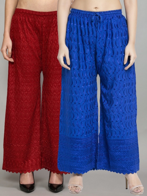 

GRACIT Women Pack of 2 Blue & Maroon Embroidered Flared Fit Palazzo