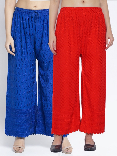 

GRACIT Women Red & Blue Rayon Full Rayon Chicken Embroidered Palazzo