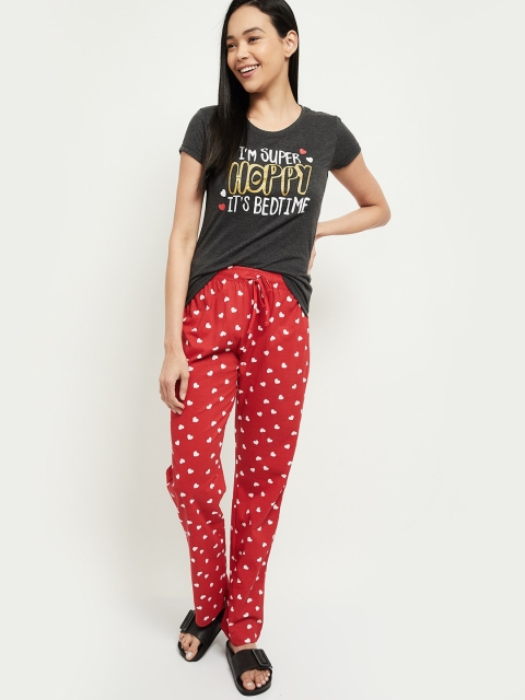 

max Women Grey Melange & Red Printed Night suit