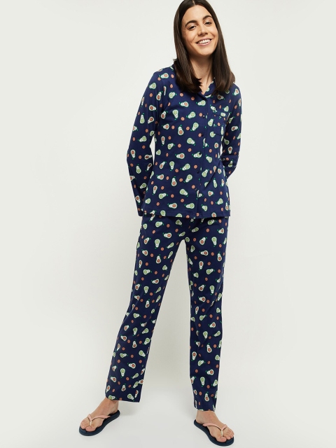 

max Women Navy Blue & Green Printed Cotton Night suit