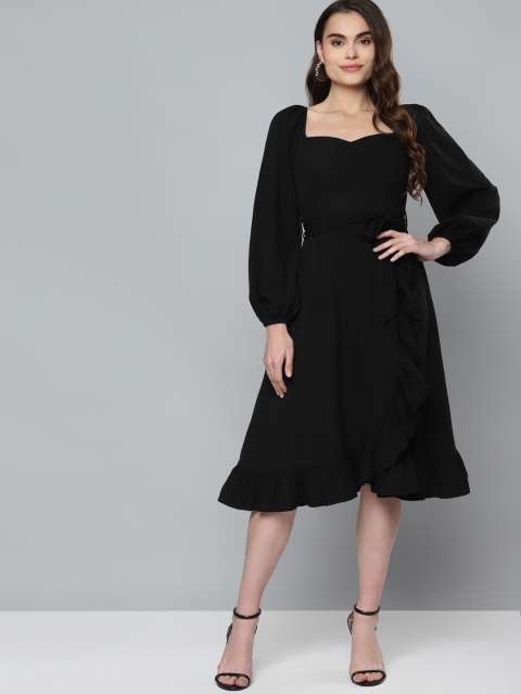 

Femella Black Sweetheart Neck Puff Sleeves Formal Midi Dress