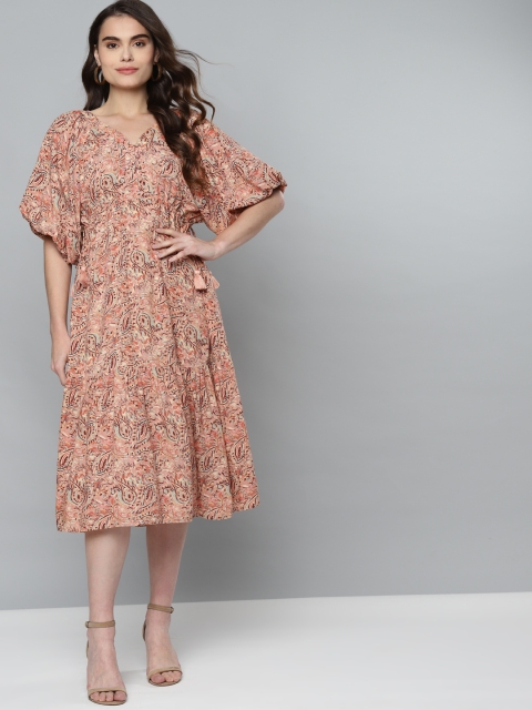 

Femella Peach-Coloured Paisley Midi Tiered Dress