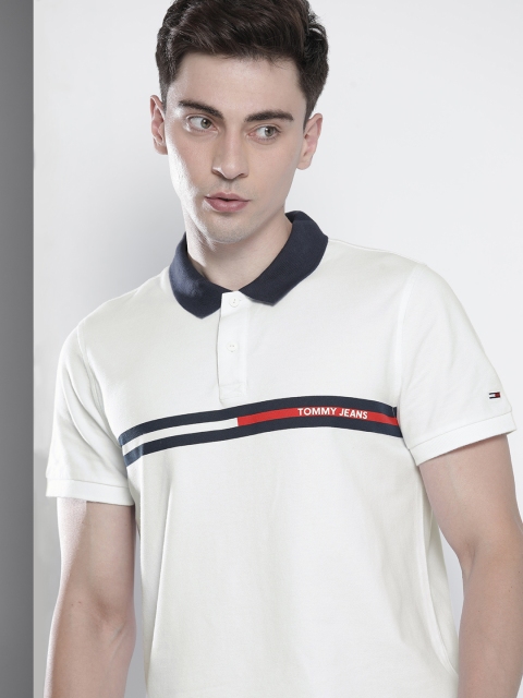 

Tommy Hilfiger Men White & Navy Blue Brand Logo Printed T-shirt
