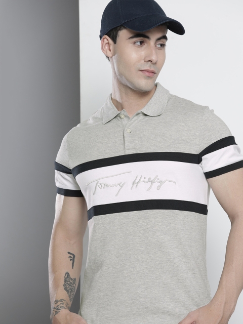 

Tommy Hilfiger Men Grey Melange & White Striped Polo Collar Slim Fit T-shirt