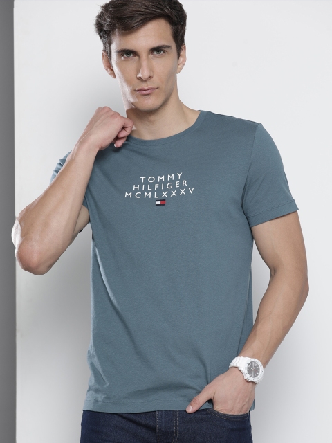 

Tommy Hilfiger Men Teal Blue Brand Logo Printed Pure Cotton T-shirt