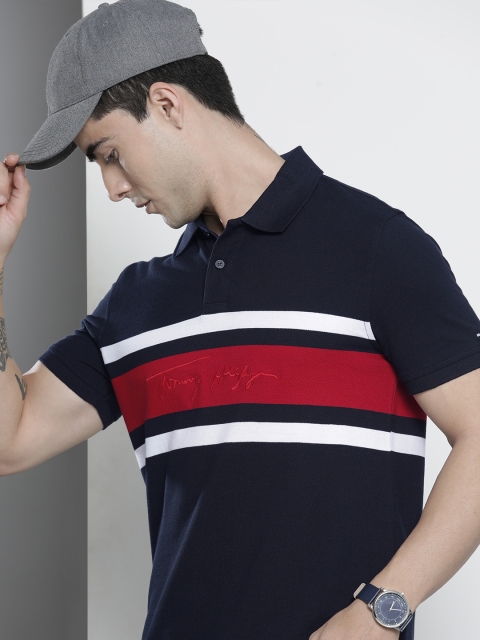 

Tommy Hilfiger Men Navy Blue & Red Striped Polo Collar Pure Cotton Slim Fit T-shirt