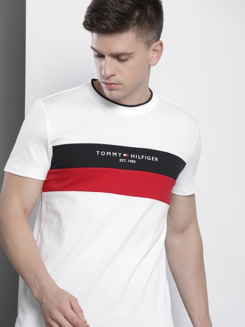 

Tommy Hilfiger Men White & Navy Blue Colourblocked Pure Cotton T-shirt