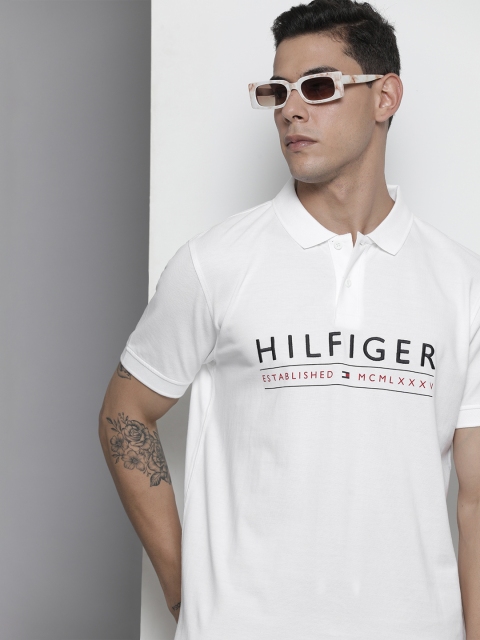 

Tommy Hilfiger Men White Brand Logo Printed Polo Collar Pure Cotton T-shirt