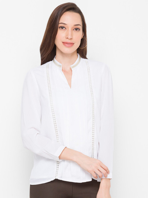 

Globus Women White Mandarin Collar Shirt Style Top