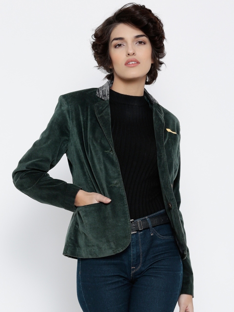 

Numero Uno Green Single-Breasted Velvet Finish Casual Blazer