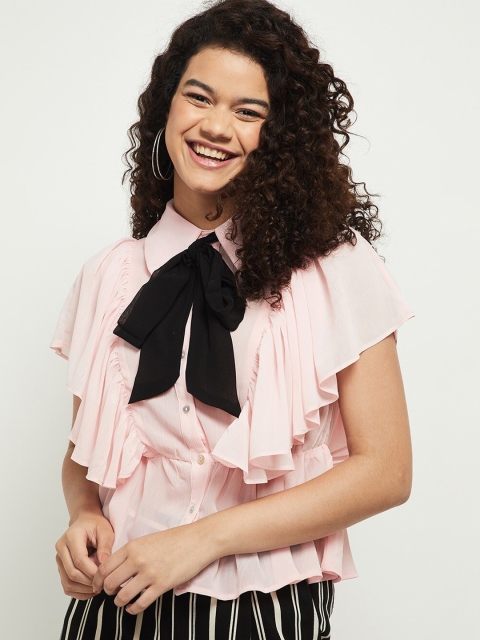 

max Pink Tie-Up Neck Shirt Style Ruffled Top