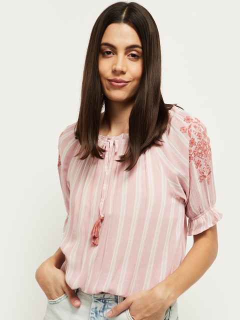 

max Pink Striped Tie-Up Neck Top