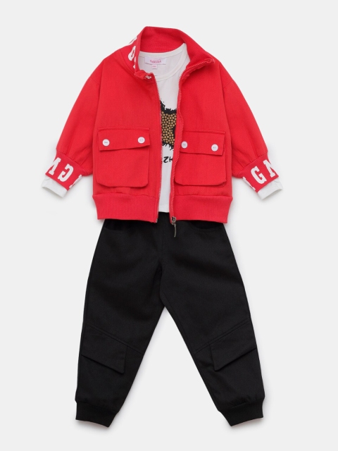 

Hopscotch Boys Red & White Printed T-shirt & Trousers With Jacket