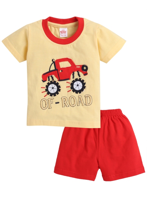 

Hopscotch Boys Yellow & Red Printed Cotton T-shirt with Shorts