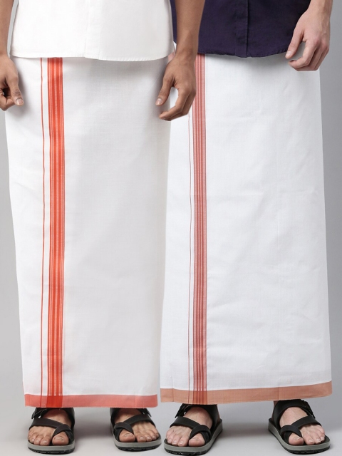 

WHITE HEART Pack Of 2 Orange & Red Men Solid Pure Cotton Dhotis