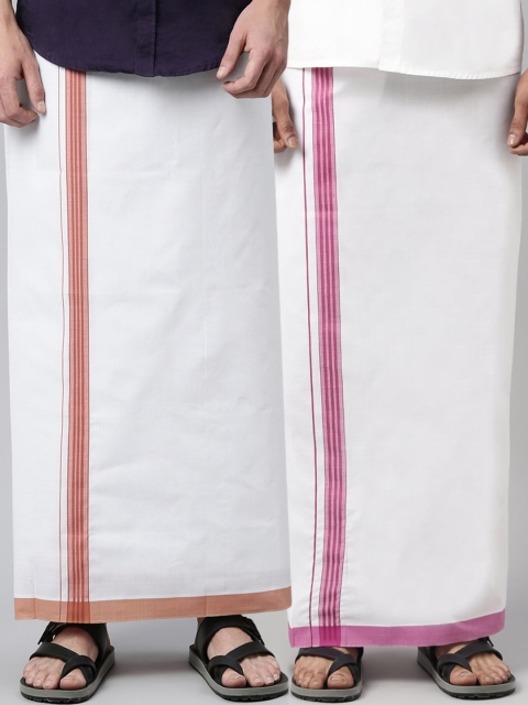 

WHITE HEART Men Pack Of 2 White Solid Pure Cotton Dhotis