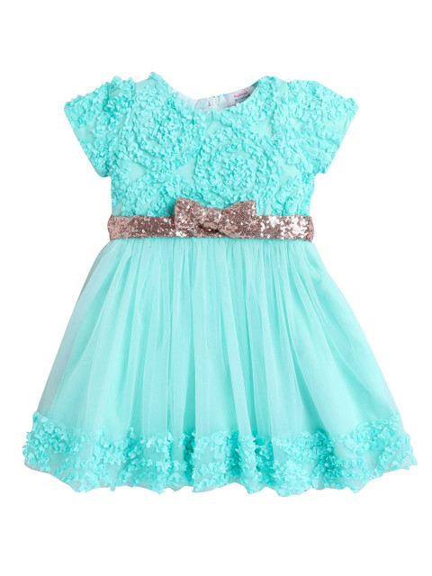 

Hopscotch Girls Turquoise Blue Embellished Bow Gathered Or Pleated Net Dress with Applique