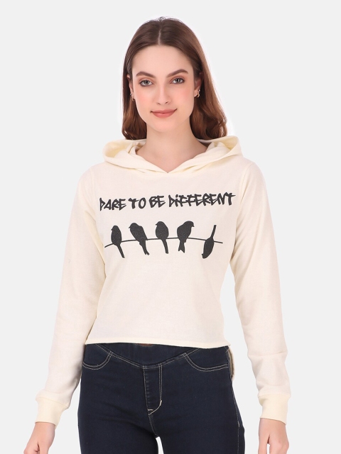 

GOJI Women Off White Printed Hooded Sweatshirt