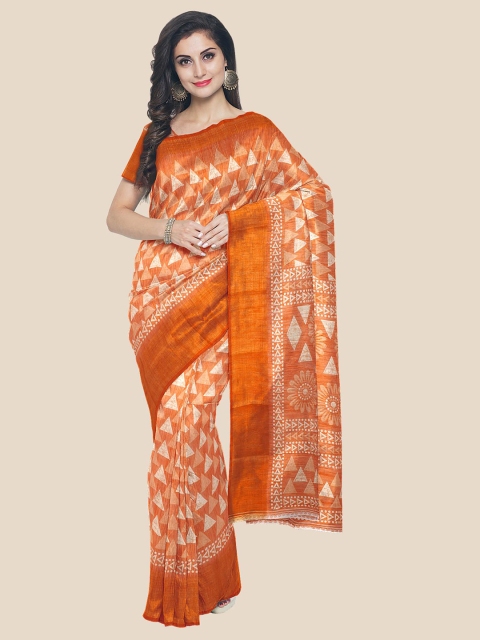 

Kalamandir Orange & Off-White Geometric Printed Silk Blend Saree