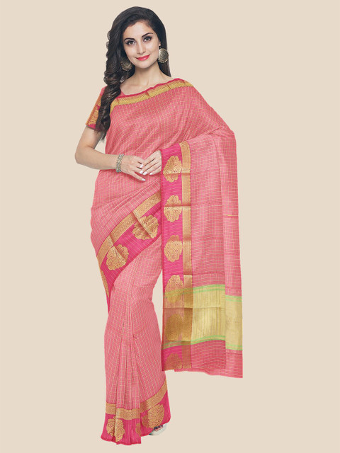 

Kalamandir Pink & Green Ethnic Motifs Zari Banarasi Saree
