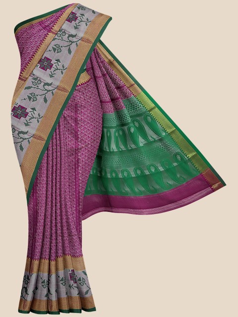 

Kalamandir Purple & Green Ethnic Motifs Zari Silk Blend Banarasi Saree