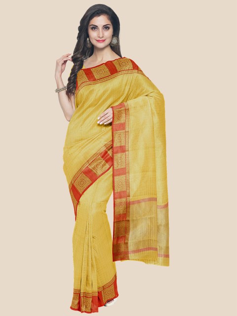 

Kalamandir Yellow & Red Checked Zari Banarasi Saree