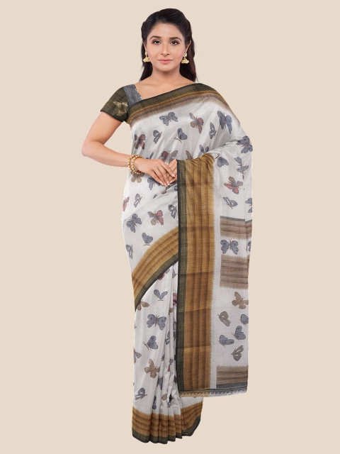 

Kalamandir White & Camel Brown Ethnic Motifs Silk Blend Saree