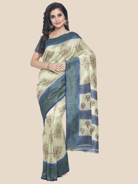 

Kalamandir Cream-Coloured & Blue Ethnic Motifs Silk Blend Saree