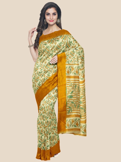 

Kalamandir Cream-Coloured & Mustard Floral Silk Blend Saree