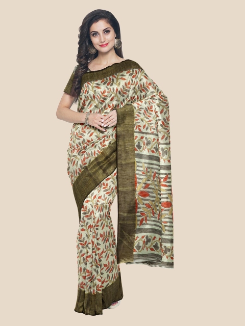 

Kalamandir Cream-Coloured & Orange Ethnic Motifs Zari Silk Blend Saree