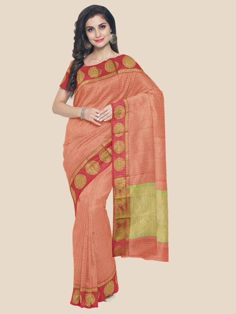 

Kalamandir Peach-Coloured & Gold-Toned Checked Zari Banarasi Saree