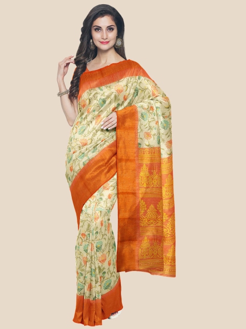 

Kalamandir Cream-Coloured & Gold-Toned Floral Printed Zari Silk Blend Saree