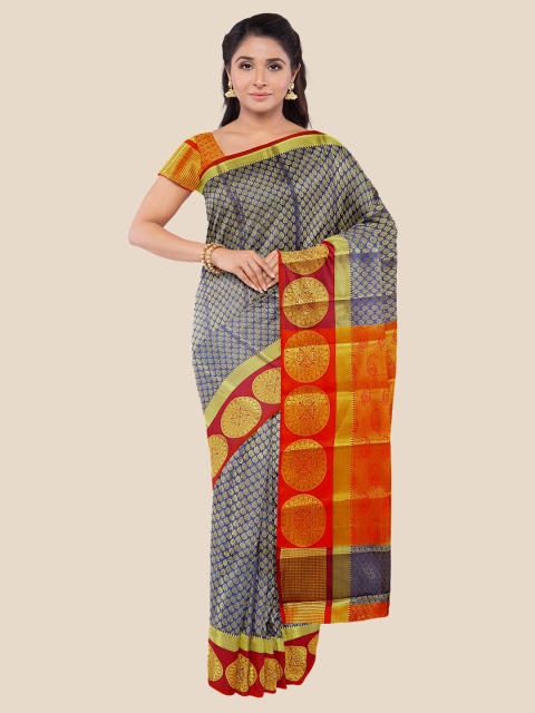 

Kalamandir Navy Blue & Orange Ethnic Motifs Zari Silk Blend Banarasi Saree
