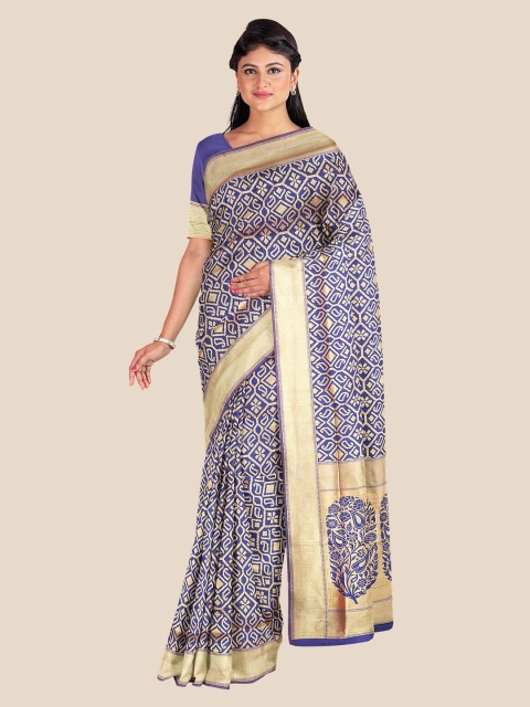 

Kalamandir Navy Blue & Gold-Toned Woven Design Zari Silk Blend Banarasi Saree