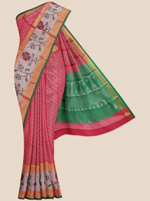 

Kalamandir Pink & Green Floral Silk Blend Banarasi Saree