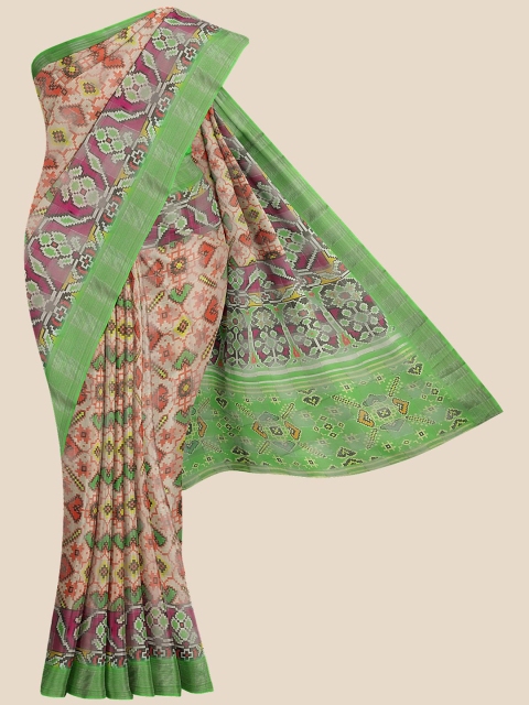 

Kalamandir Cream-Coloured & Green Floral Silk Blend Banarasi Saree