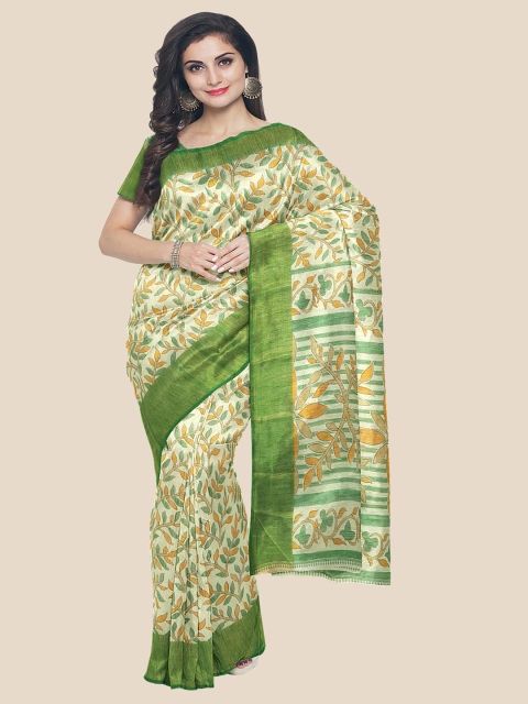 

Kalamandir Cream-Coloured & Green Floral Silk Blend Saree