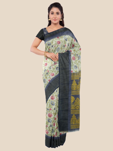 

Kalamandir Cream-Coloured & Navy Blue Floral Printed Silk Blend Saree