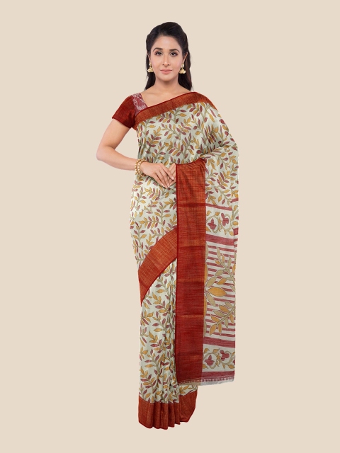 

Kalamandir Cream-Coloured & Red Floral Zari Silk Blend Saree