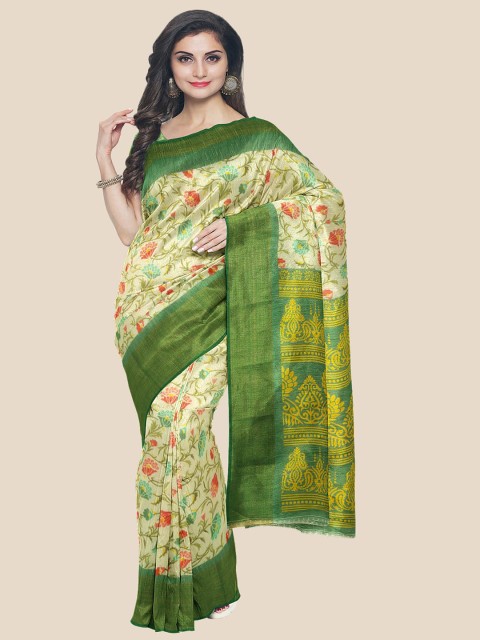 

Kalamandir Cream-Coloured & Green Floral Zari Silk Blend Saree